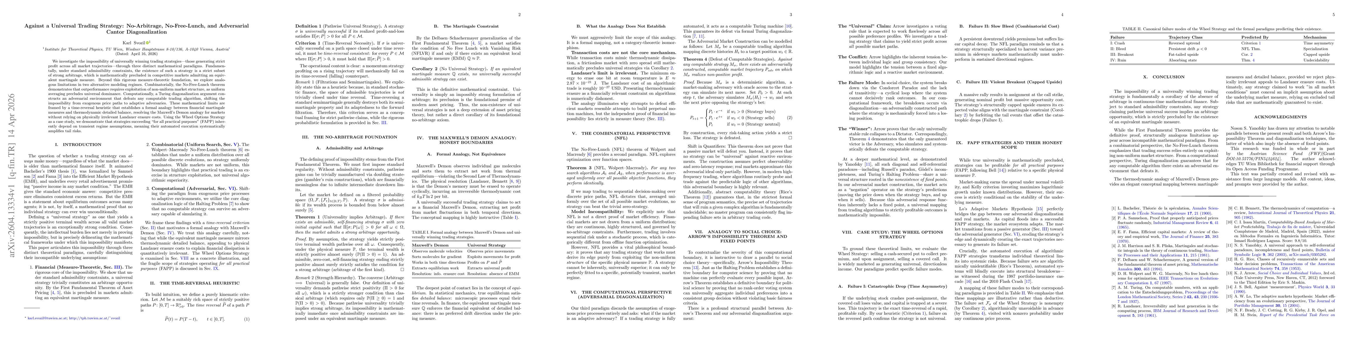 Thumbnail for Against a Universal Trading Strategy: No-Arbitrage, No-Free-Lunch, and Adversarial Cantor Diagonalization