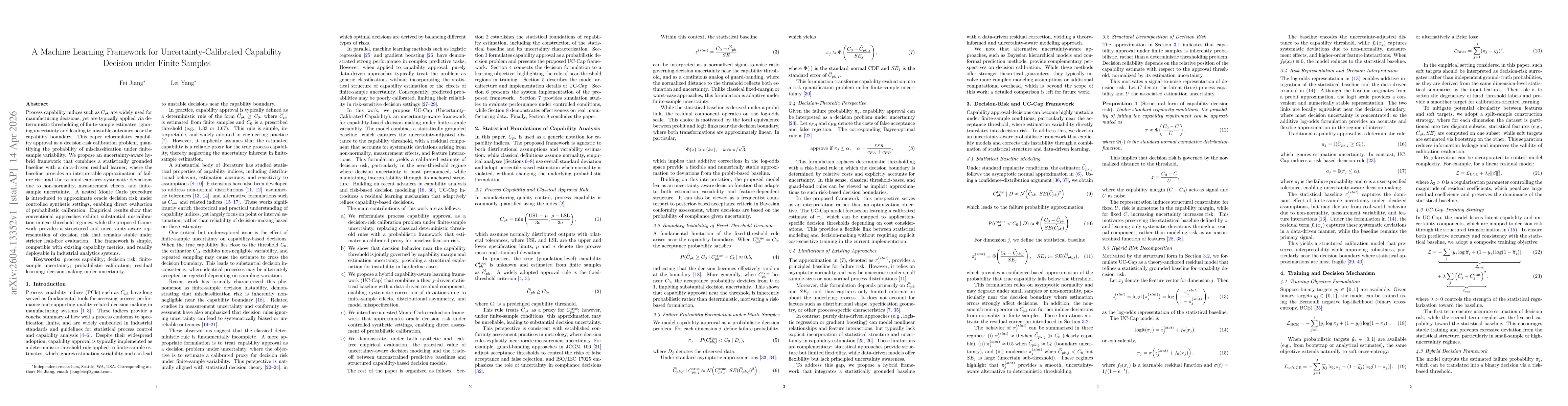 Thumbnail for A Machine Learning Framework for Uncertainty-Calibrated Capability Decision under Finite Samples