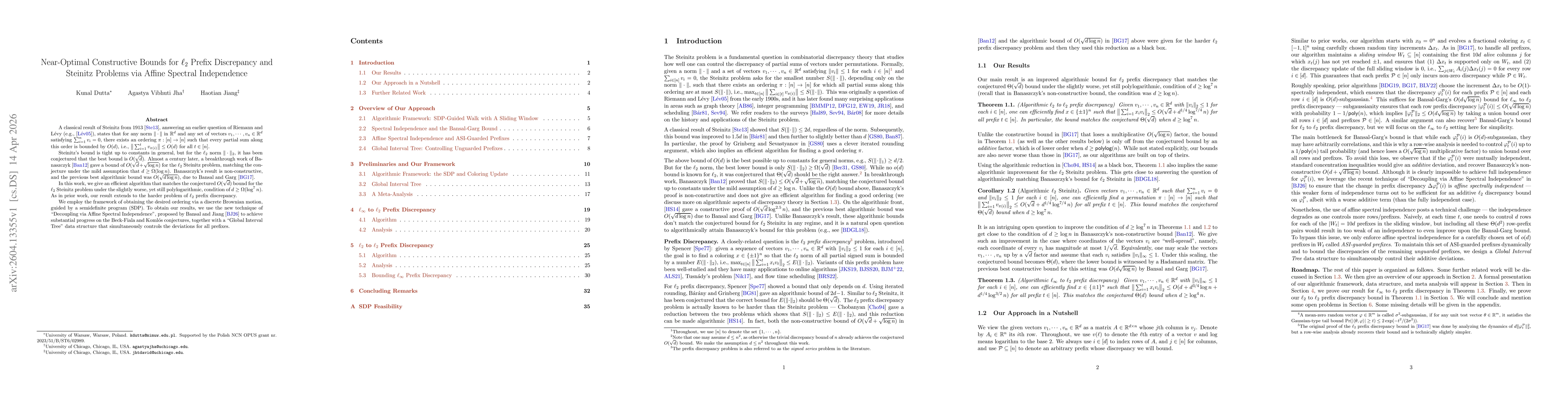 Thumbnail for Near-Optimal Constructive Bounds for $\ell_2$ Prefix Discrepancy and Steinitz Problems via Affine Spectral Independence