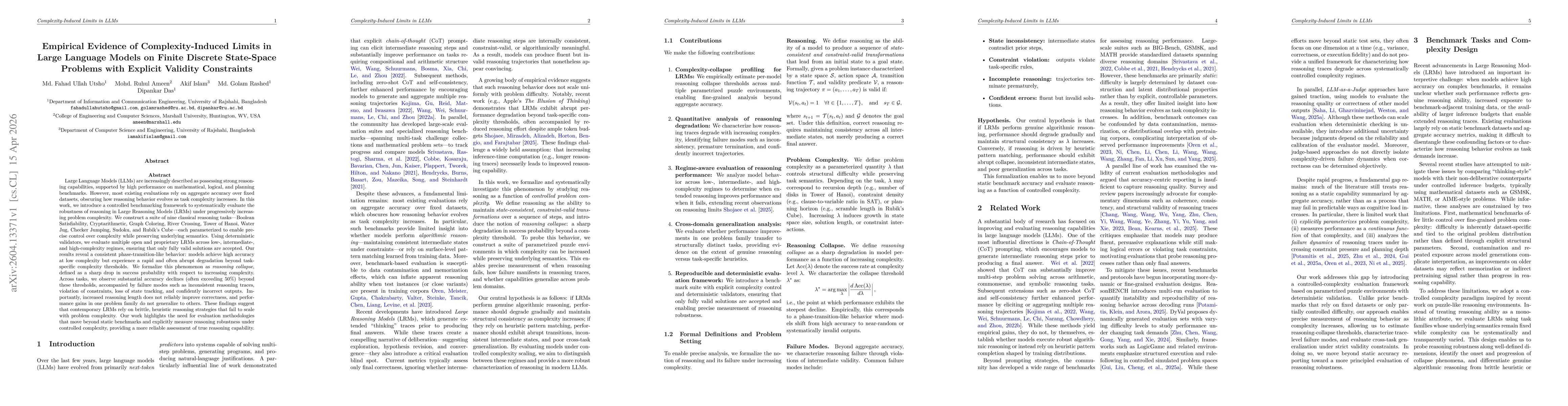 Thumbnail for Empirical Evidence of Complexity-Induced Limits in Large Language Models on Finite Discrete State-Space Problems with Explicit Validity Constraints