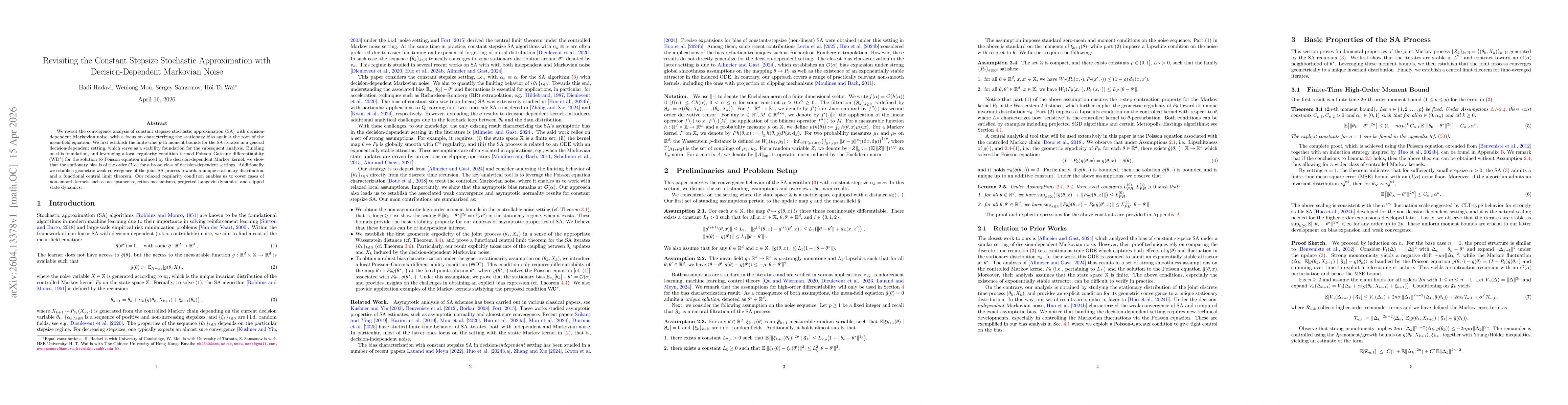 Thumbnail for Revisiting the Constant Stepsize Stochastic Approximation with Decision-Dependent Markovian Noise