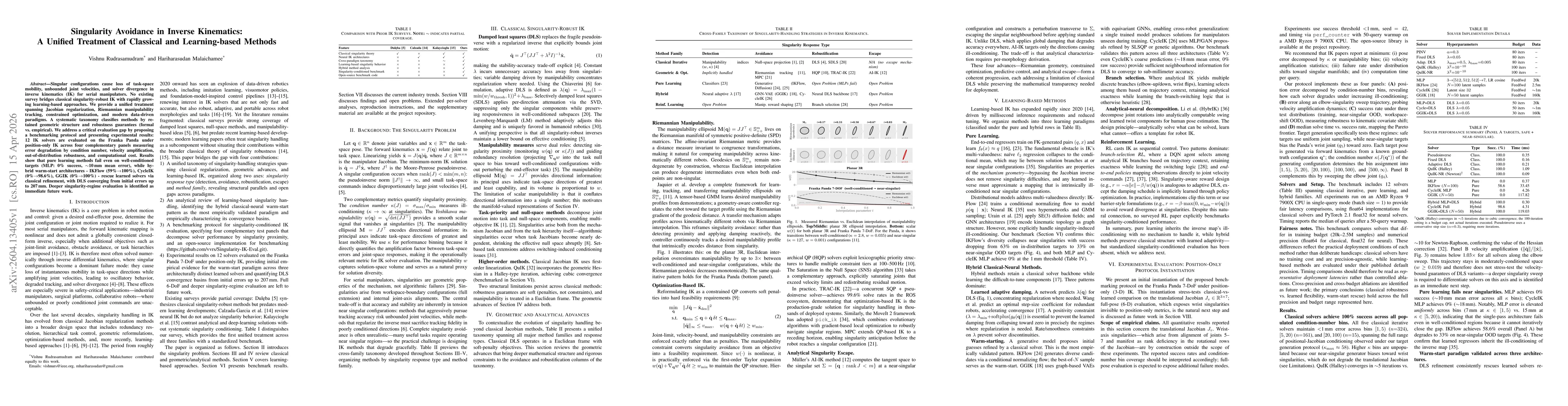 Thumbnail for Singularity Avoidance in Inverse Kinematics: A Unified Treatment of Classical and Learning-based Methods