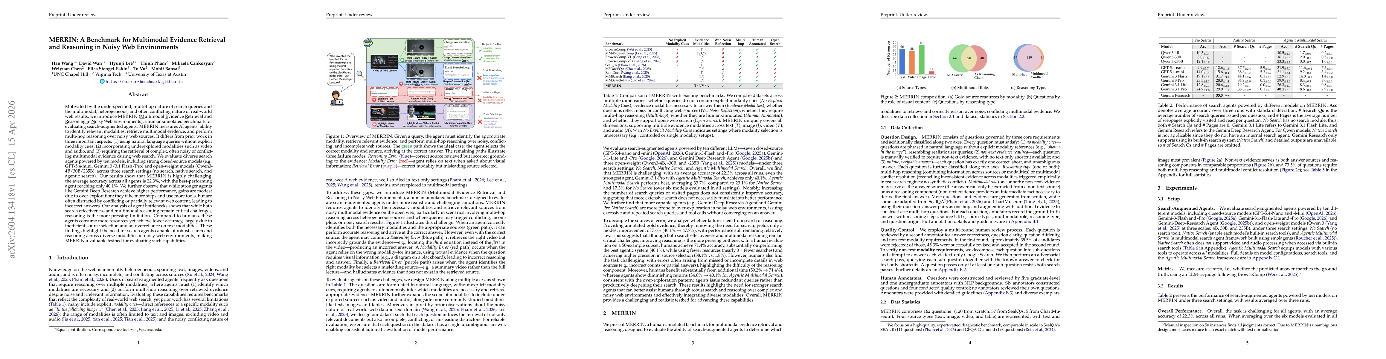 Thumbnail for MERRIN: A Benchmark for Multimodal Evidence Retrieval and Reasoning in Noisy Web Environments
