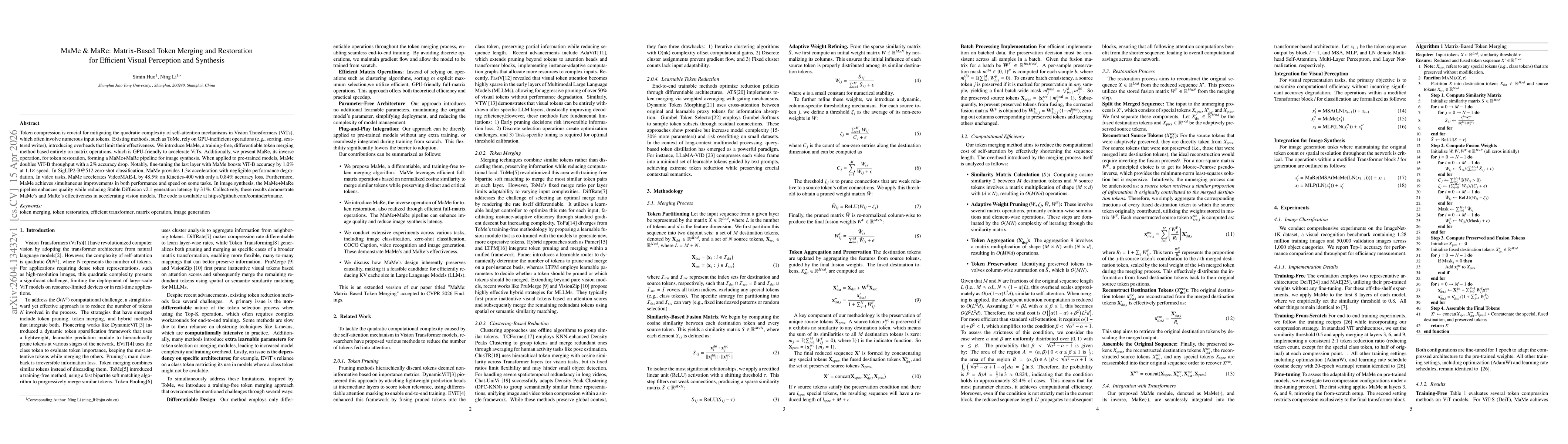 Thumbnail for MaMe & MaRe: Matrix-Based Token Merging and Restoration for Efficient Visual Perception and Synthesis