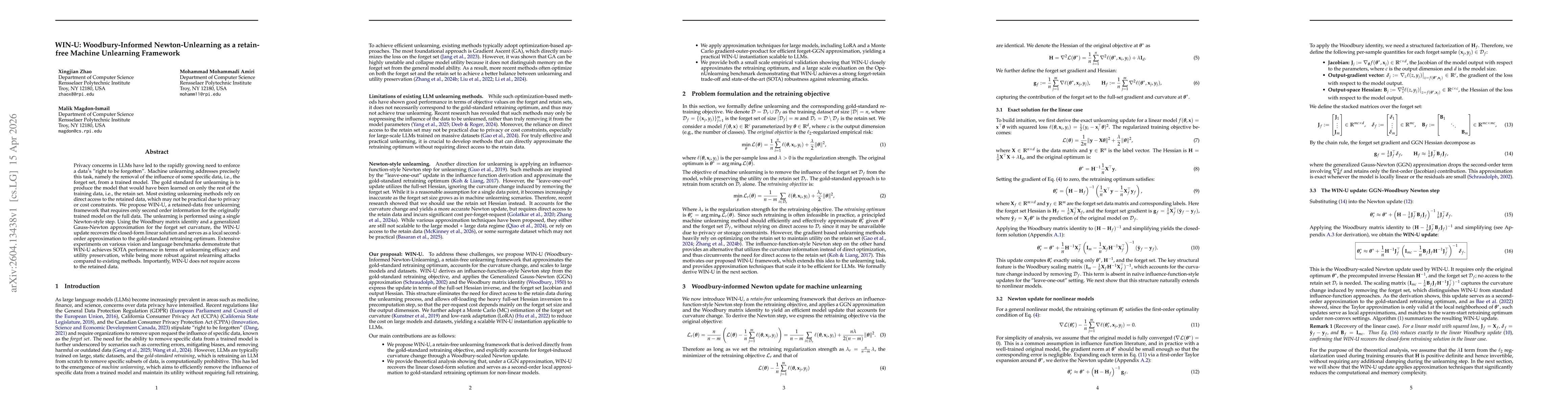 Thumbnail for WIN-U: Woodbury-Informed Newton-Unlearning as a retain-free Machine Unlearning Framework