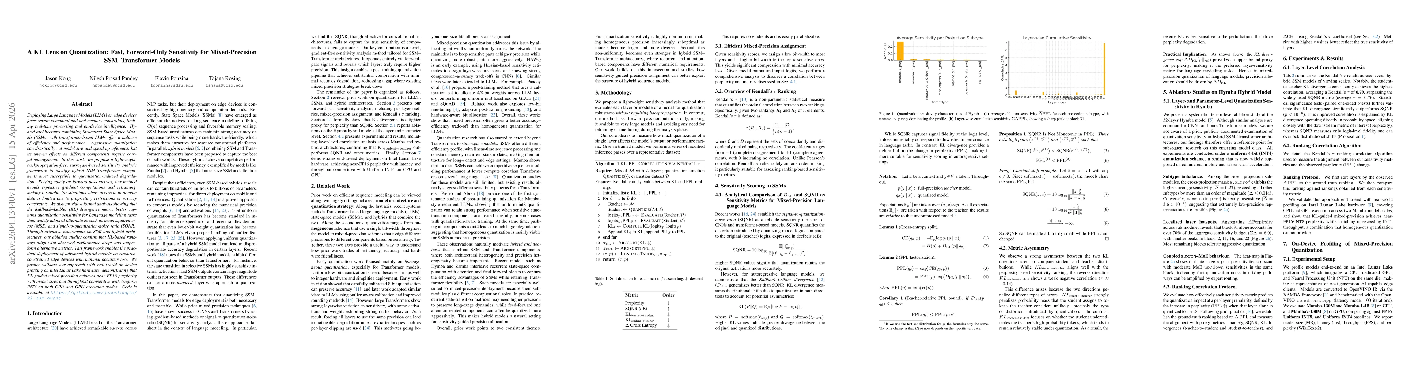 Thumbnail for A KL Lens on Quantization: Fast, Forward-Only Sensitivity for Mixed-Precision SSM-Transformer Models