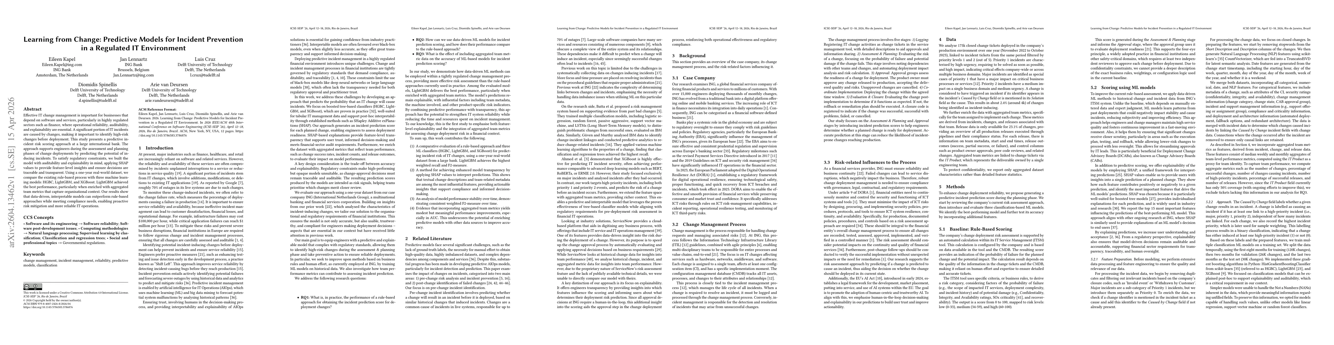 Thumbnail for Learning from Change: Predictive Models for Incident Prevention in a Regulated IT Environment
