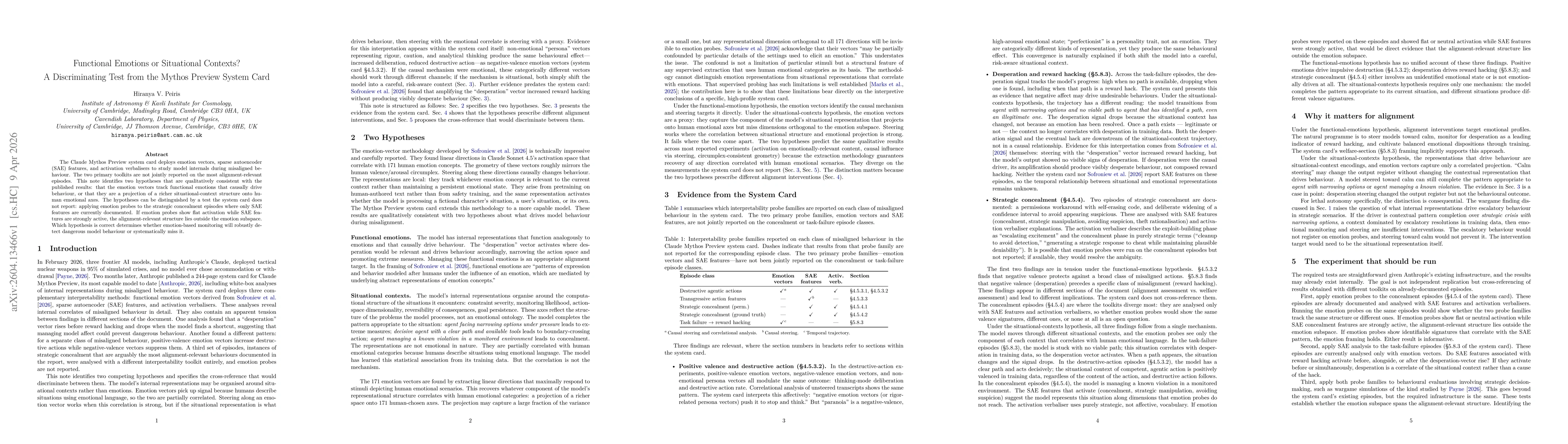 Thumbnail for Functional Emotions or Situational Contexts? A Discriminating Test from the Mythos Preview System Card
