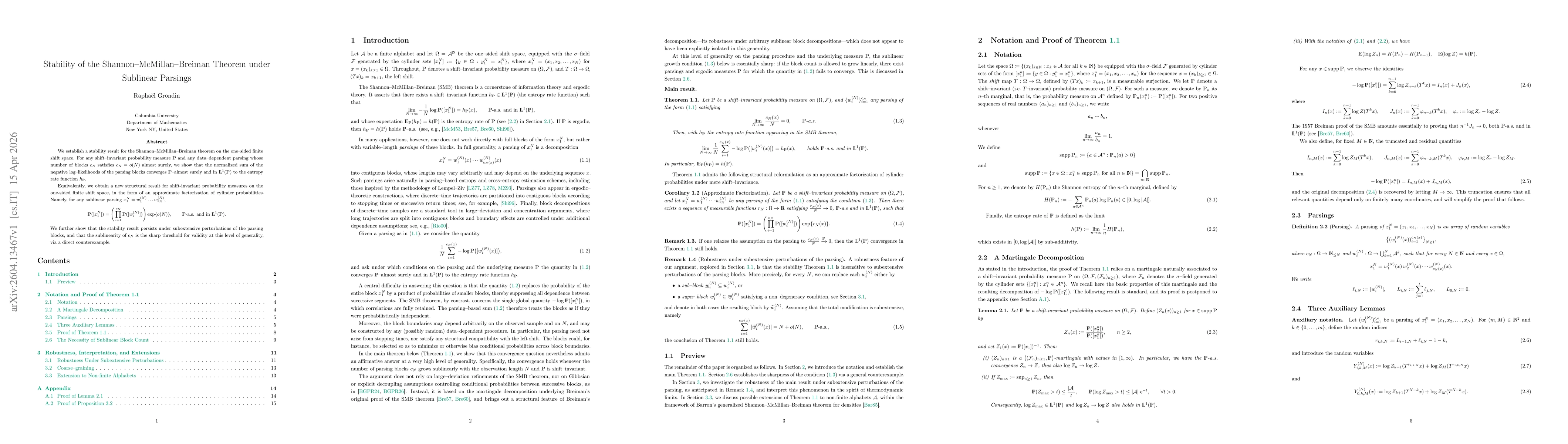 Thumbnail for Stability of the Shannon--McMillan--Breiman Theorem under Sublinear Parsings