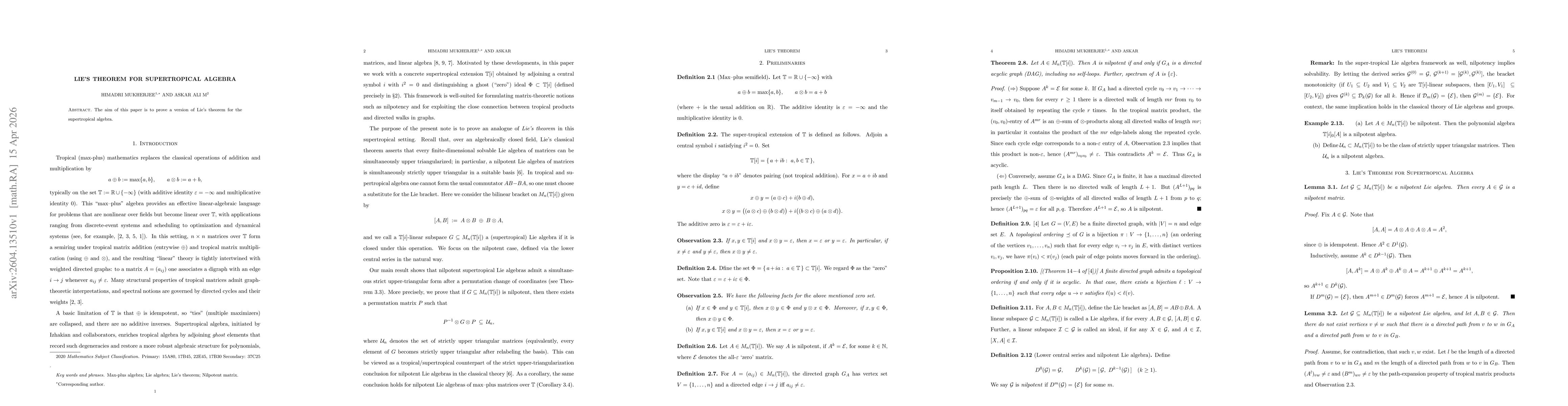 Thumbnail for Lie's Theorem for Supertropical Algebra