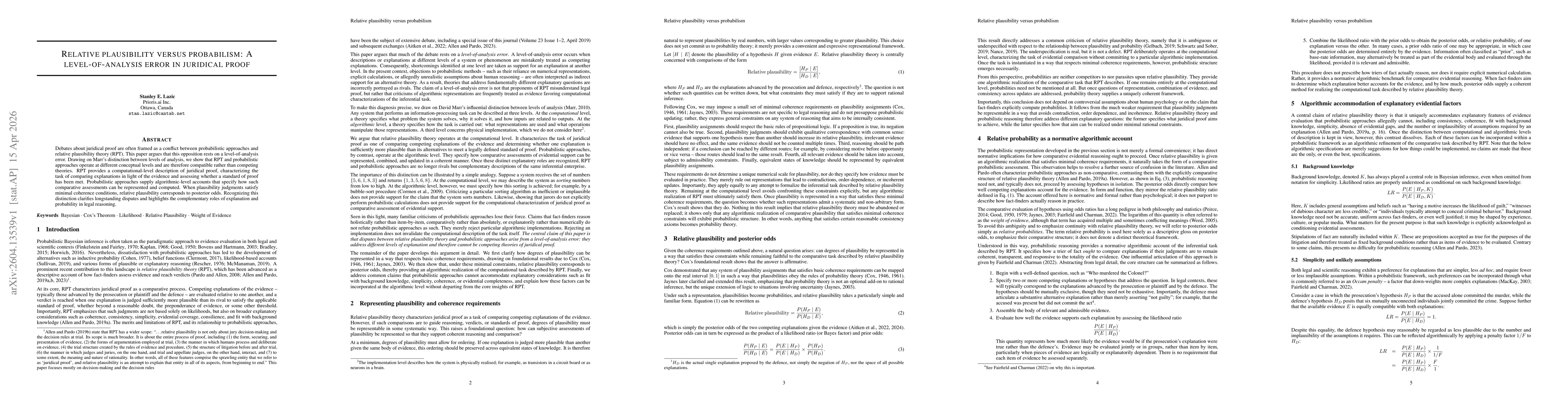 Thumbnail for Relative plausibility versus probabilism: A level-of-analysis error in juridical proof