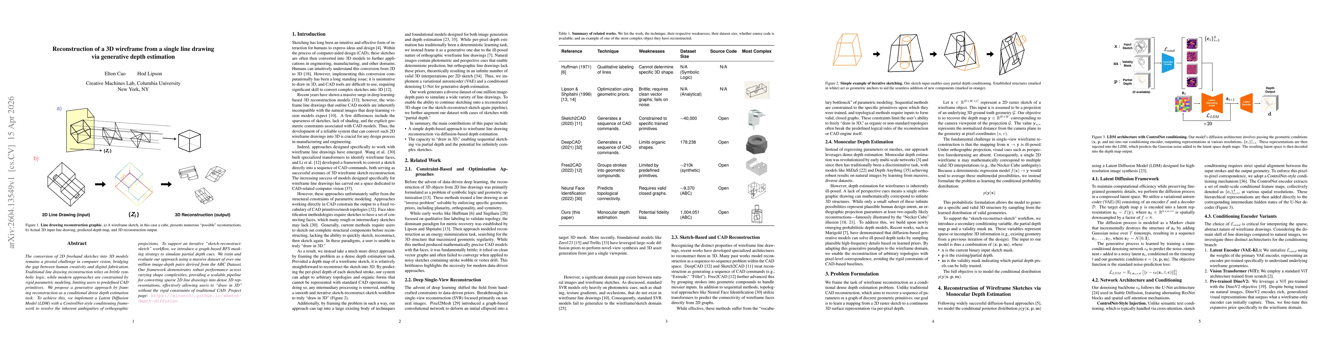 Thumbnail for Reconstruction of a 3D wireframe from a single line drawing via generative depth estimation