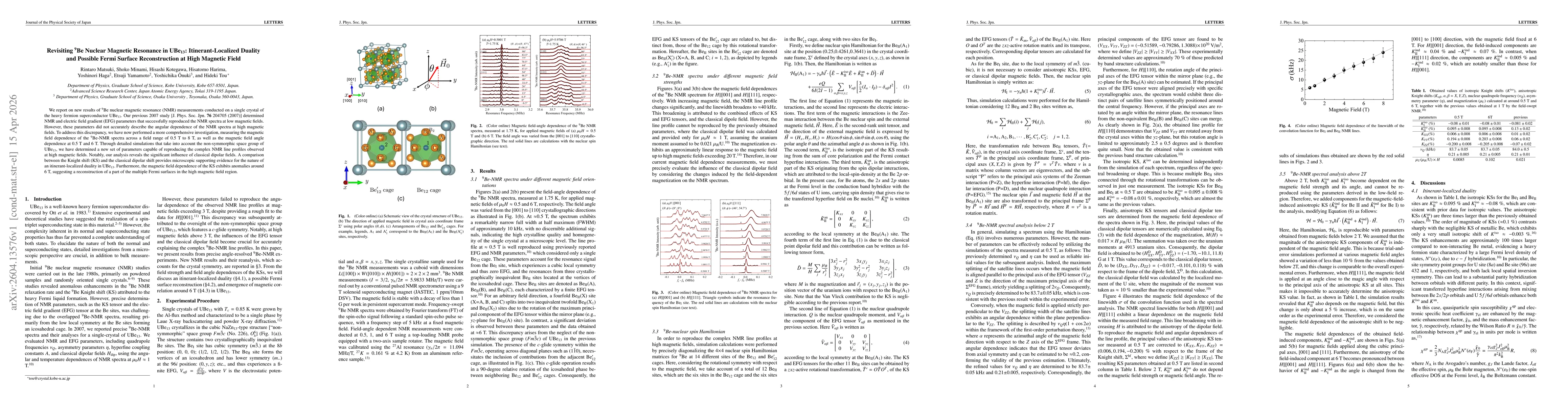 Thumbnail for Revisiting 9Be Nuclear Magnetic Resonance in UBe13: Itinerant-Localized Duality and Possible Fermi Surface Reconstruction at High Magnetic Field