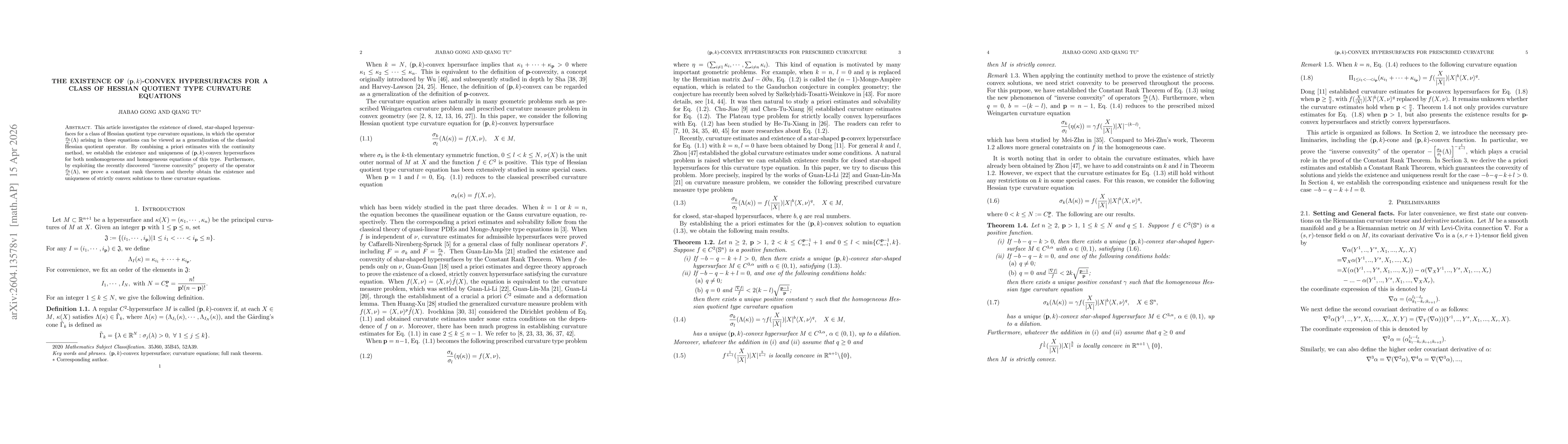 Thumbnail for The existence of $(\mathbf{p}, k)$-convex hypersurfaces for a class of Hessian quotient type curvature equations