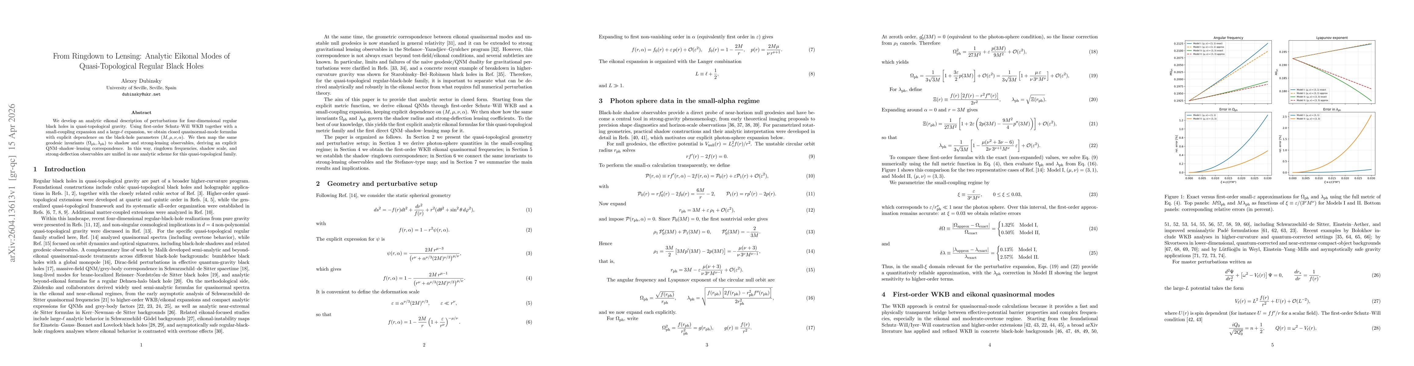 Thumbnail for From Ringdown to Lensing: Analytic Eikonal Modes of Quasi-Topological Regular Black Holes