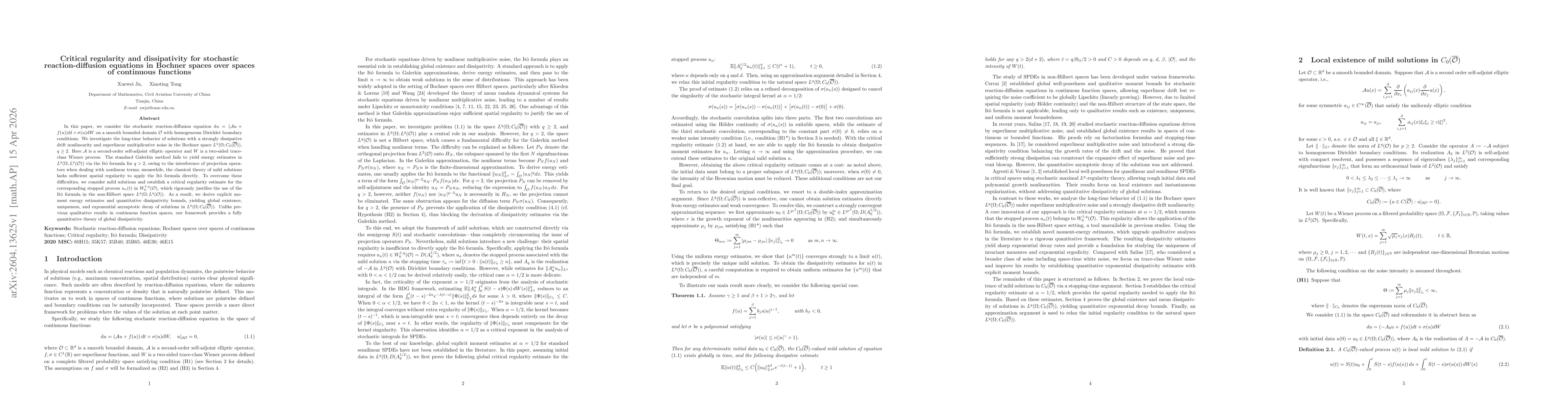Thumbnail for Critical regularity and dissipativity for stochastic reaction-diffusion equations in Bochner spaces over spaces of continuous functions