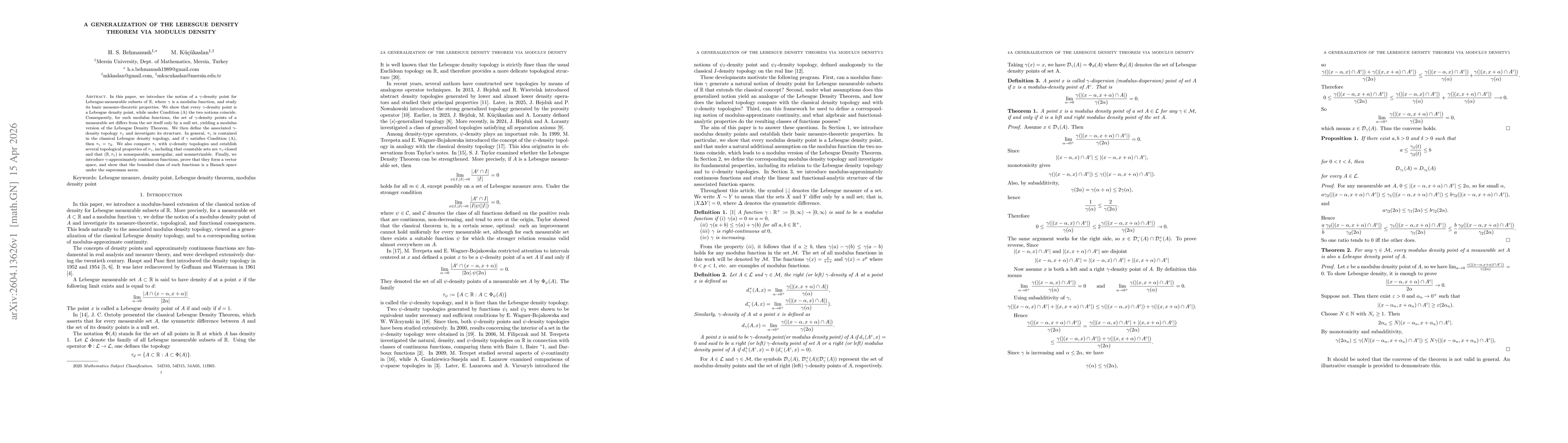 Thumbnail for A generalization of the Lebesgue density theorem via modulus density