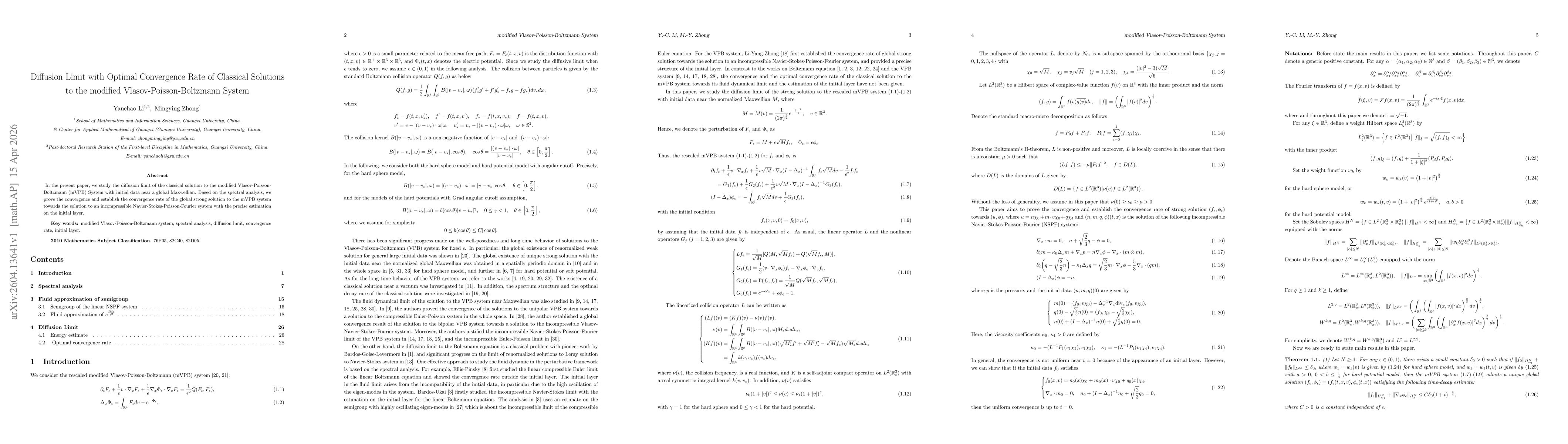 Thumbnail for Diffusion Limit with Optimal Convergence Rate of Classical Solutions to the modified Vlasov-Poisson-Boltzmann System