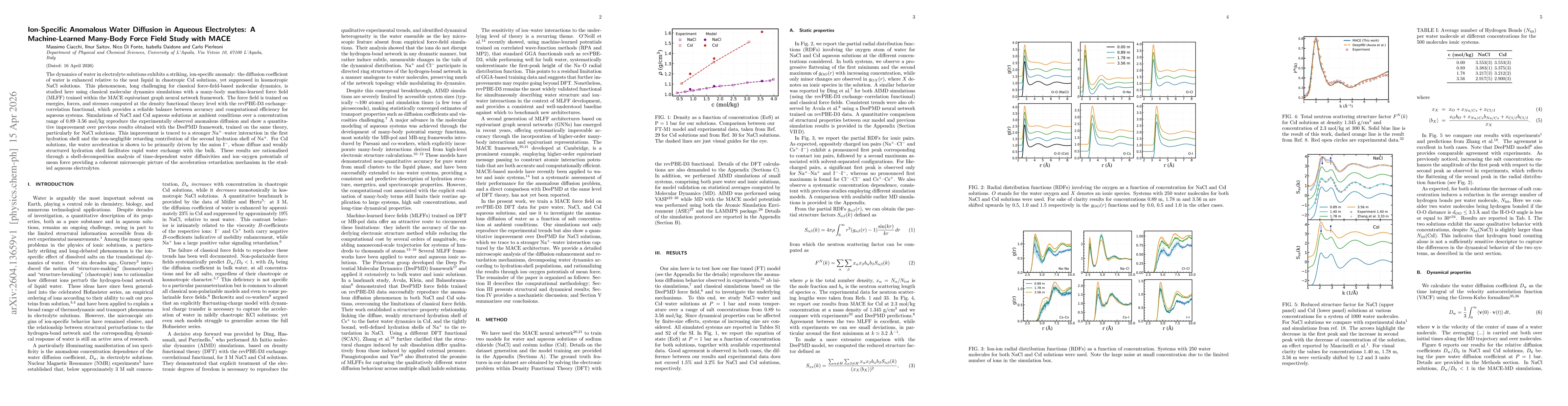 Thumbnail for Ion-Specific Anomalous Water Diffusion in Aqueous Electrolytes: A Machine-Learned Many-Body Force Field Study with MACE