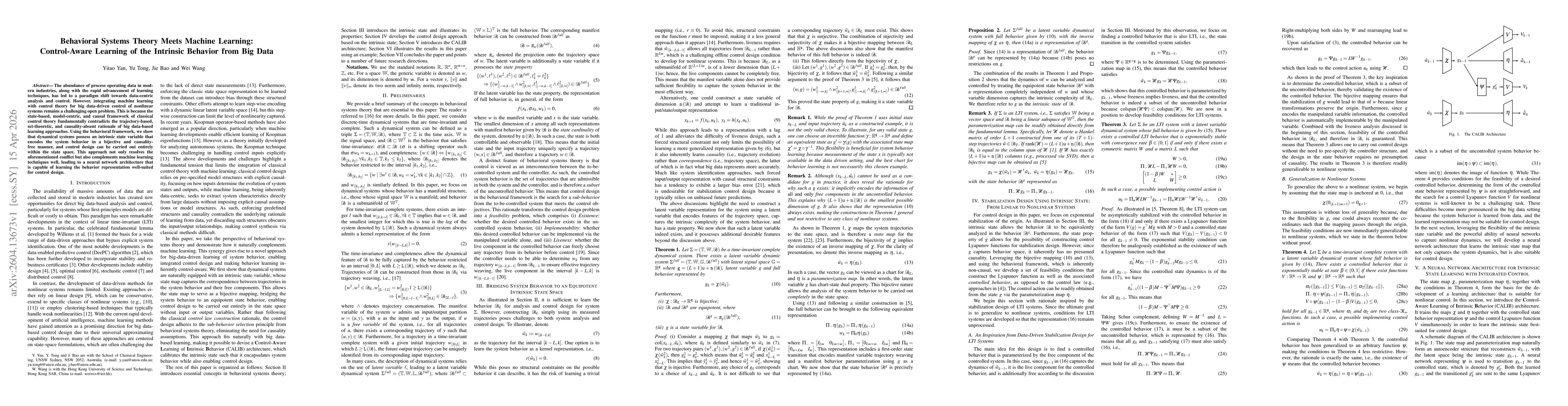 Thumbnail for Behavioral Systems Theory Meets Machine Learning: Control-Aware Learning of the Intrinsic Behavior from Big Data