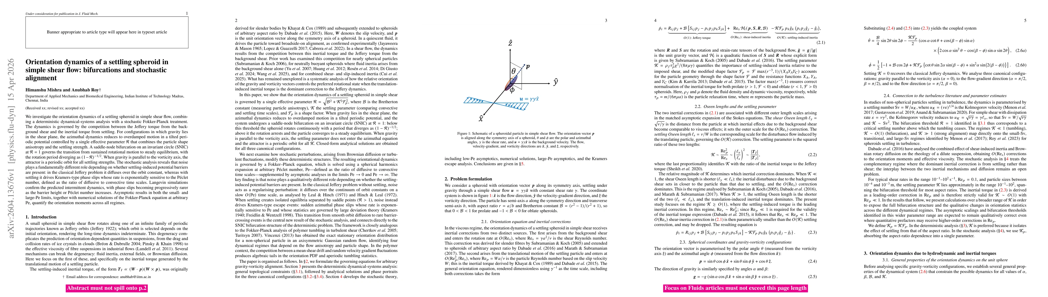 Thumbnail for Orientation dynamics of a settling spheroid in simple shear flow: bifurcations and stochastic alignment