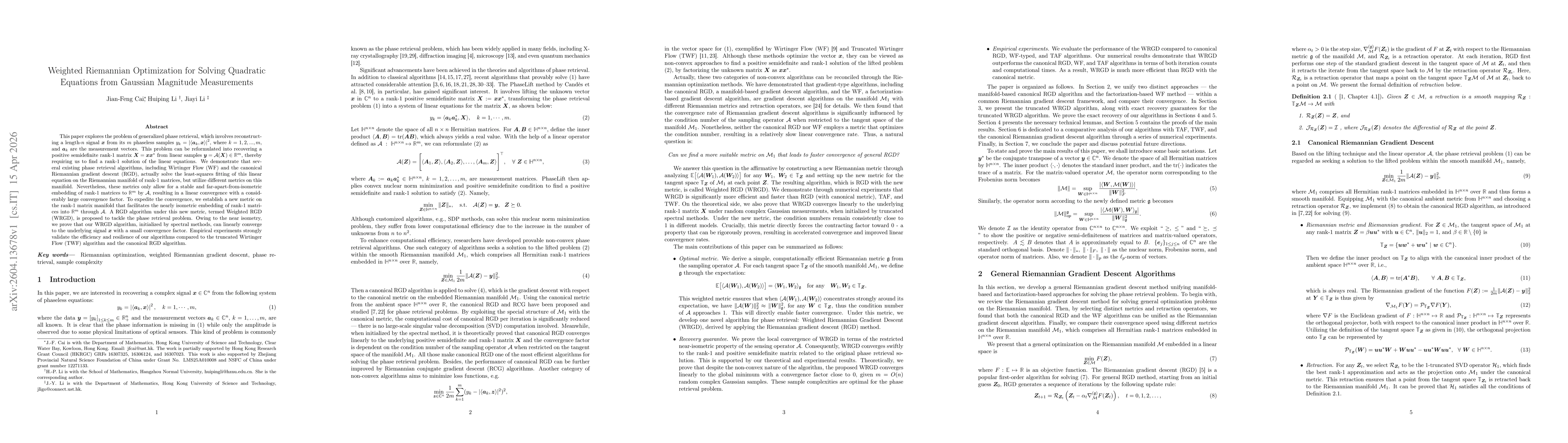 Thumbnail for Weighted Riemannian Optimization for Solving Quadratic Equations from Gaussian Magnitude Measurements