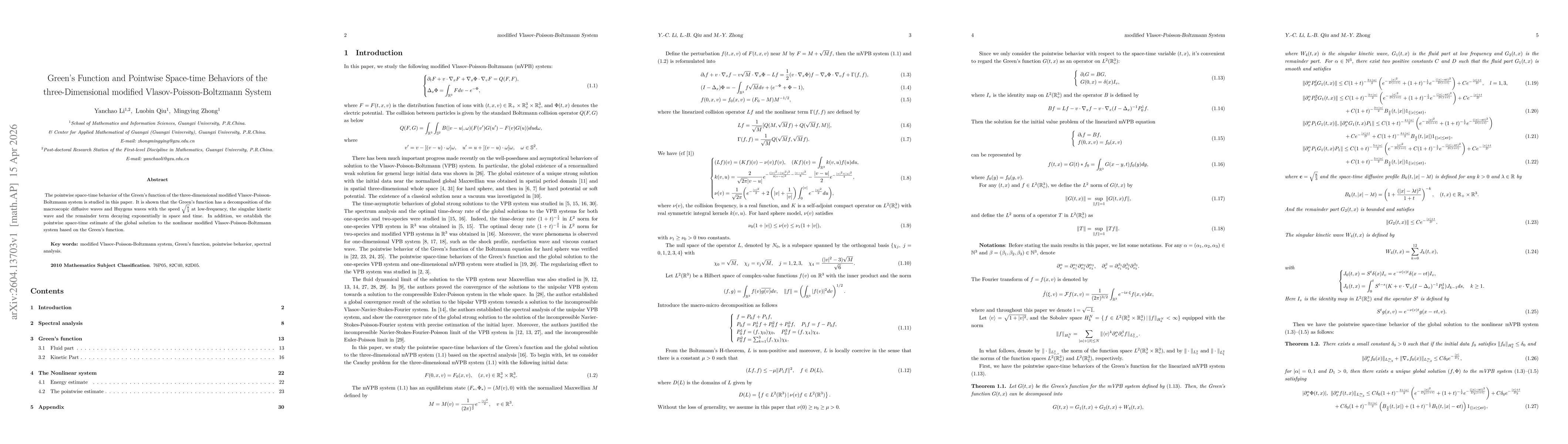 Thumbnail for Green's Function and Pointwise Space-time Behaviors of the three-Dimensional modified Vlasov-Poisson-Boltzmann System