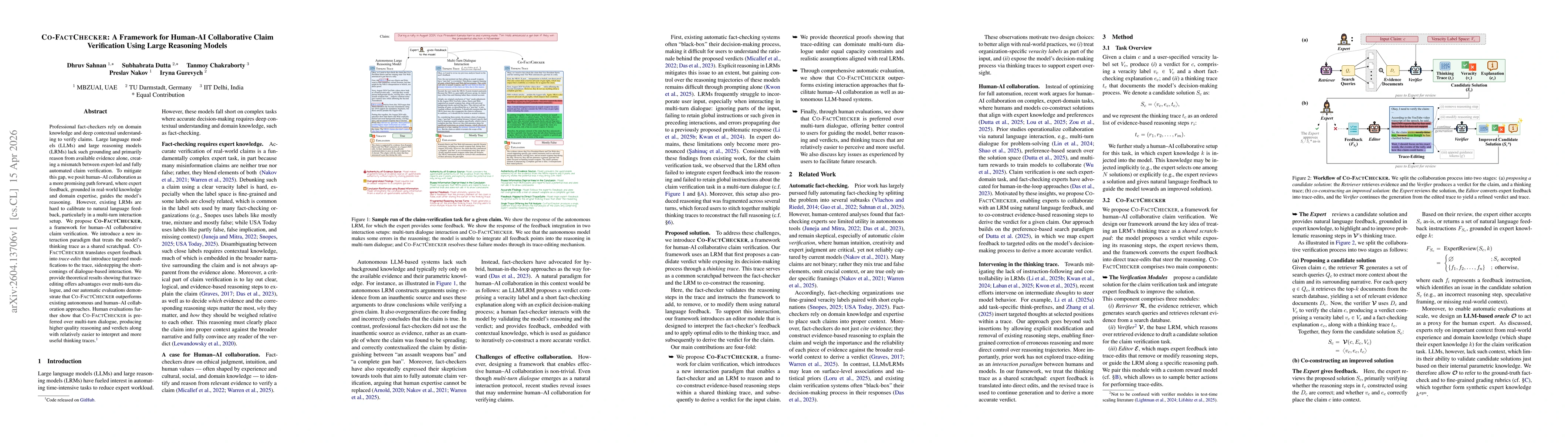Thumbnail for Co-FactChecker: A Framework for Human-AI Collaborative Claim Verification Using Large Reasoning Models