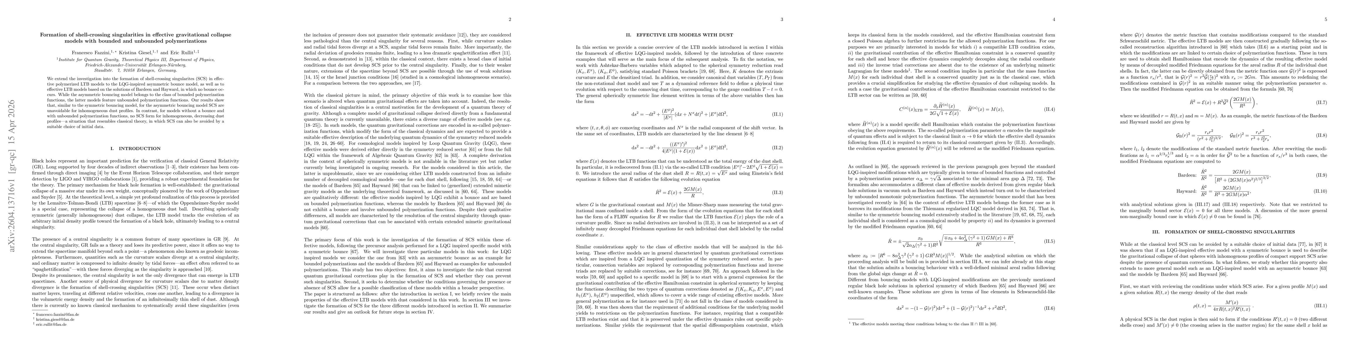 Thumbnail for Formation of shell-crossing singularities in effective gravitational collapse models with bounded and unbounded polymerizations