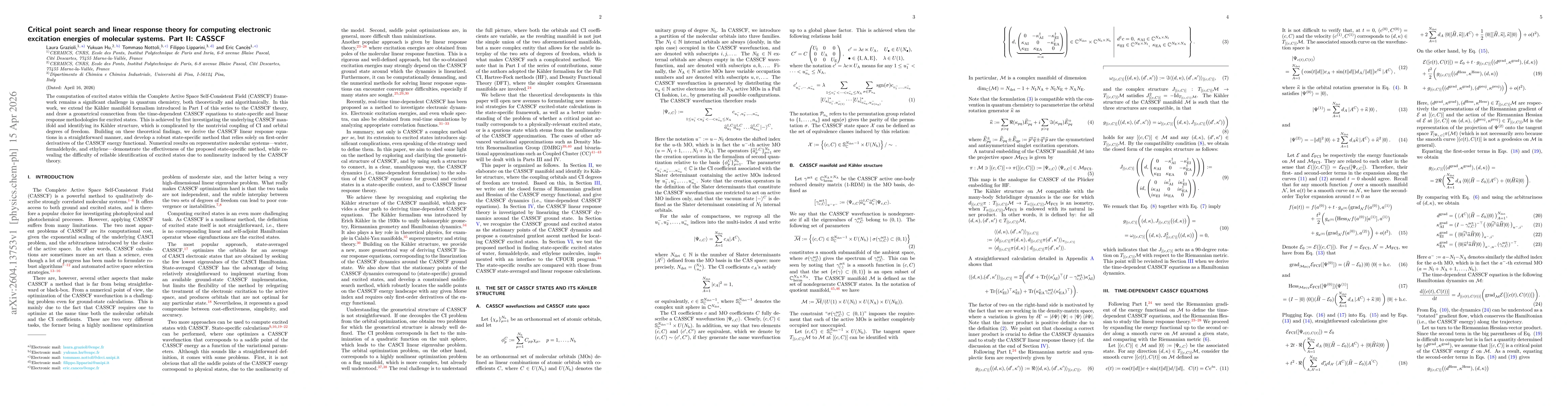 Thumbnail for Critical point search and linear response theory for computing electronic excitation energies of molecular systems. Part II. CASSCF