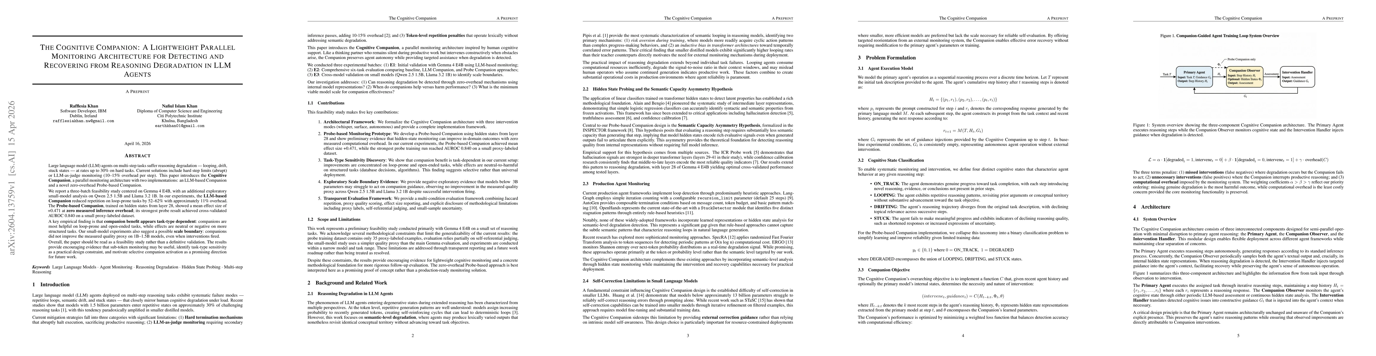 Thumbnail for The cognitive companion: a lightweight parallel monitoring architecture for detecting and recovering from reasoning degradation in LLM agents