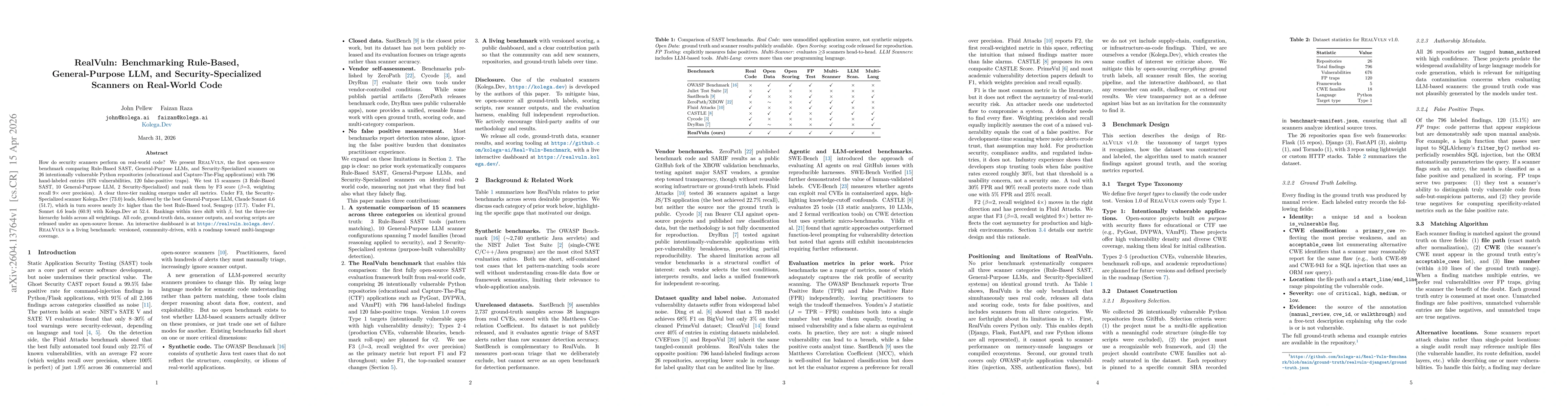 Thumbnail for RealVuln: Benchmarking Rule-Based, General-Purpose LLM, and Security-Specialized Scanners on Real-World Code
