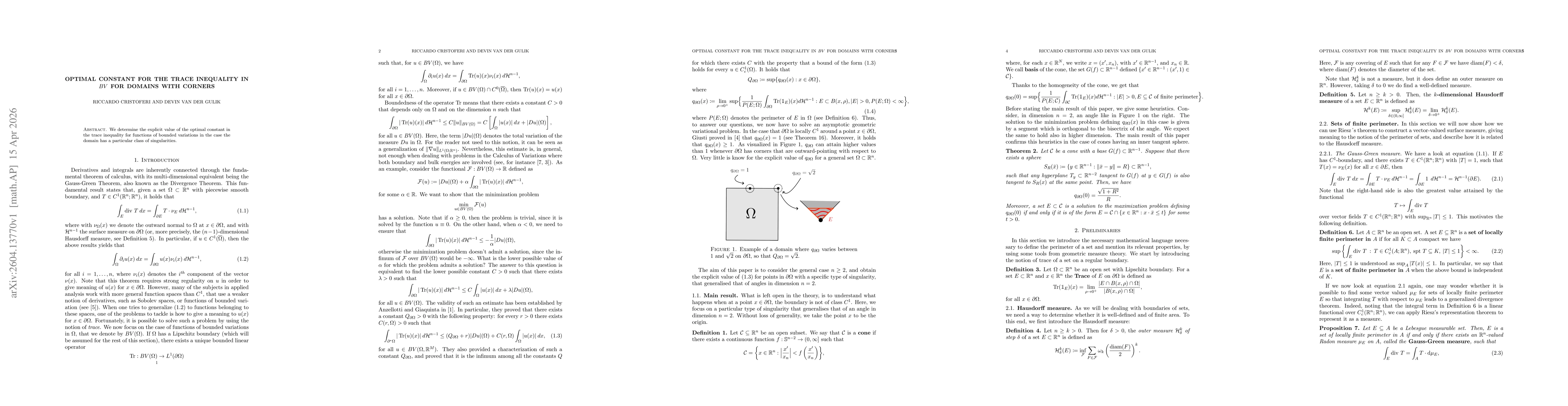 Thumbnail for Optimal constant for the trace inequality in $BV$ for domains with corners