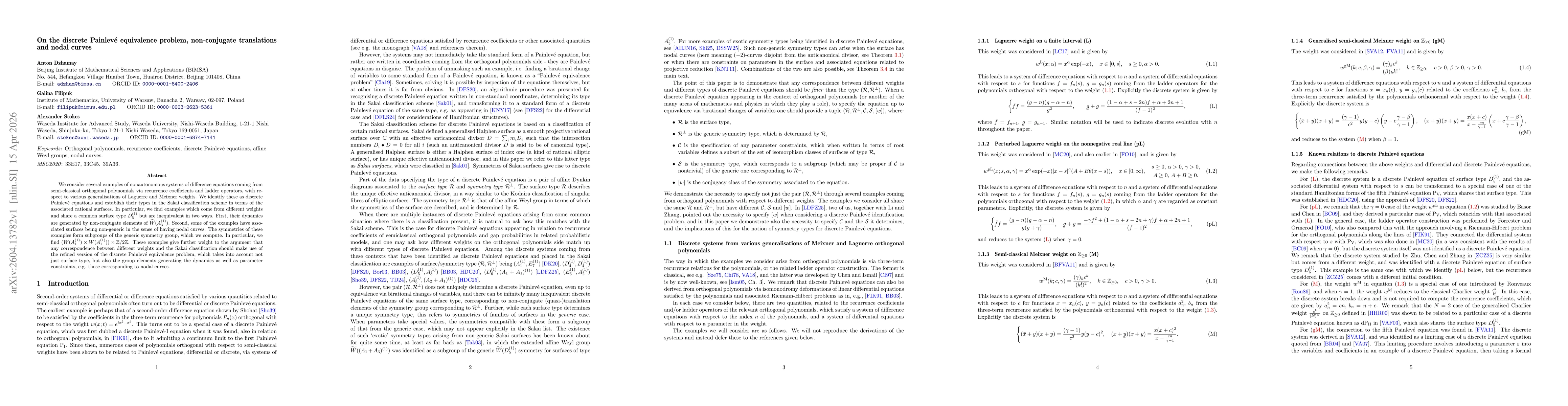 Thumbnail for On the discrete Painlevé equivalence problem, non-conjugate translations and nodal curves