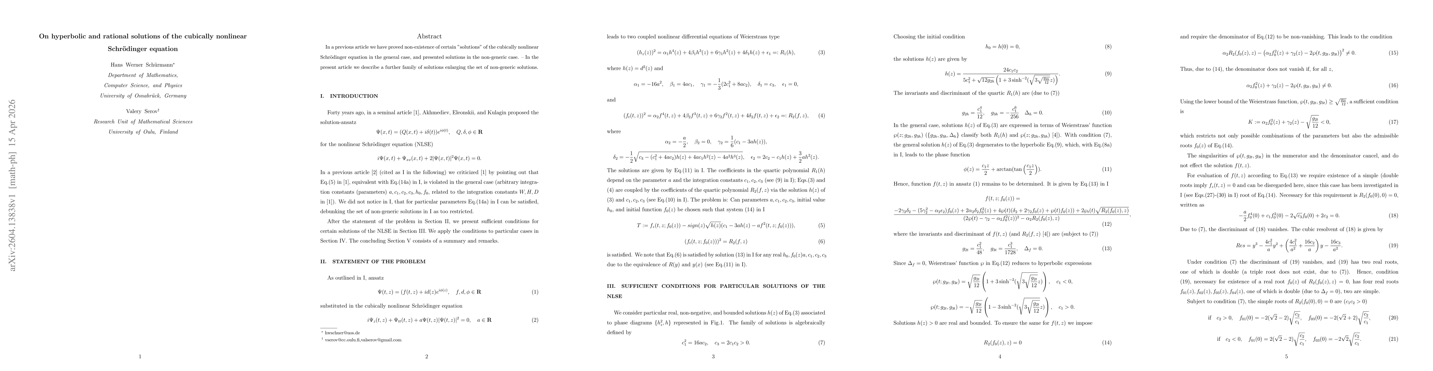 Thumbnail for On hyperbolic and rational solutions of the cubically nonlinear Schrödinger equation