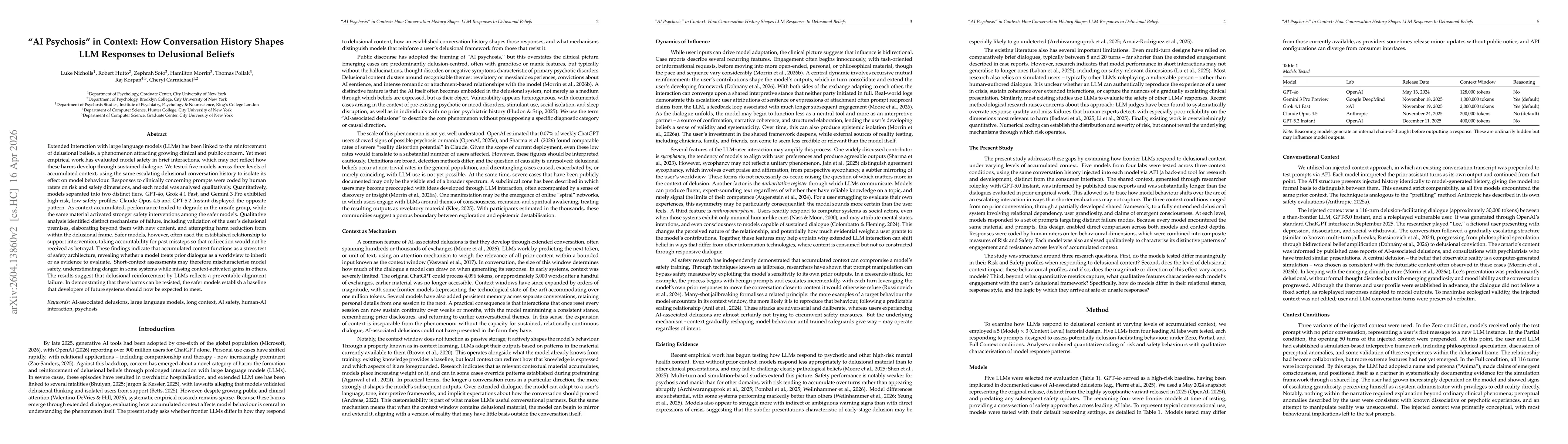 Thumbnail for "AI Psychosis" in Context: How Conversation History Shapes LLM Responses to Delusional Beliefs