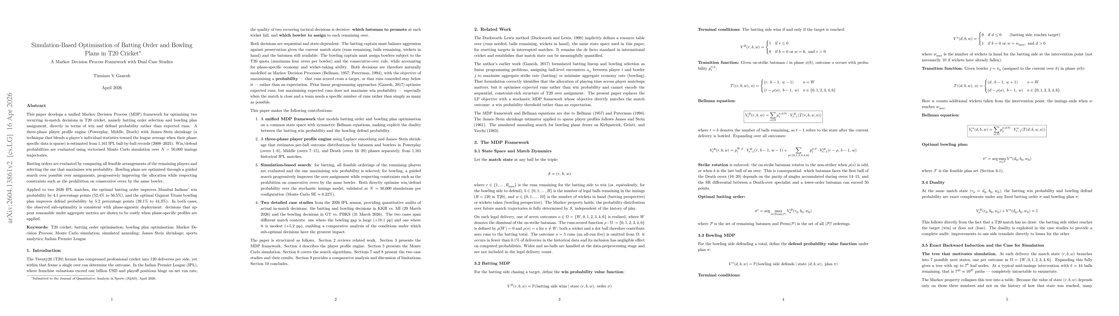 Thumbnail for Simulation-Based Optimisation of Batting Order and Bowling Plans in T20 Cricket