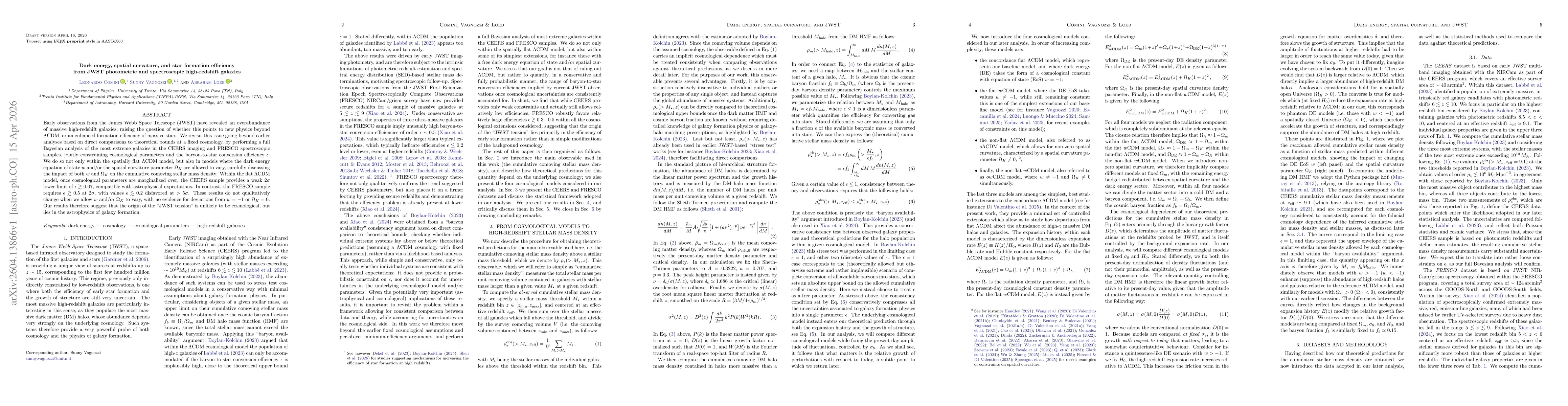 Thumbnail for Dark energy, spatial curvature, and star formation efficiency from JWST photometric and spectroscopic high-redshift galaxies