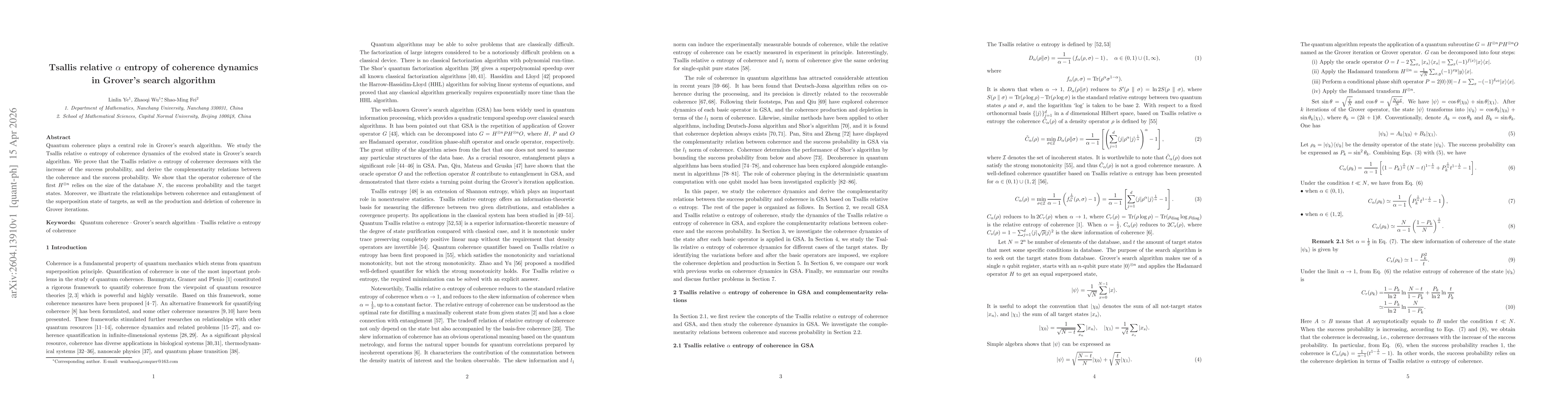 Thumbnail for Tsallis relative $α$ entropy of coherence dynamics in Grover's search algorithm