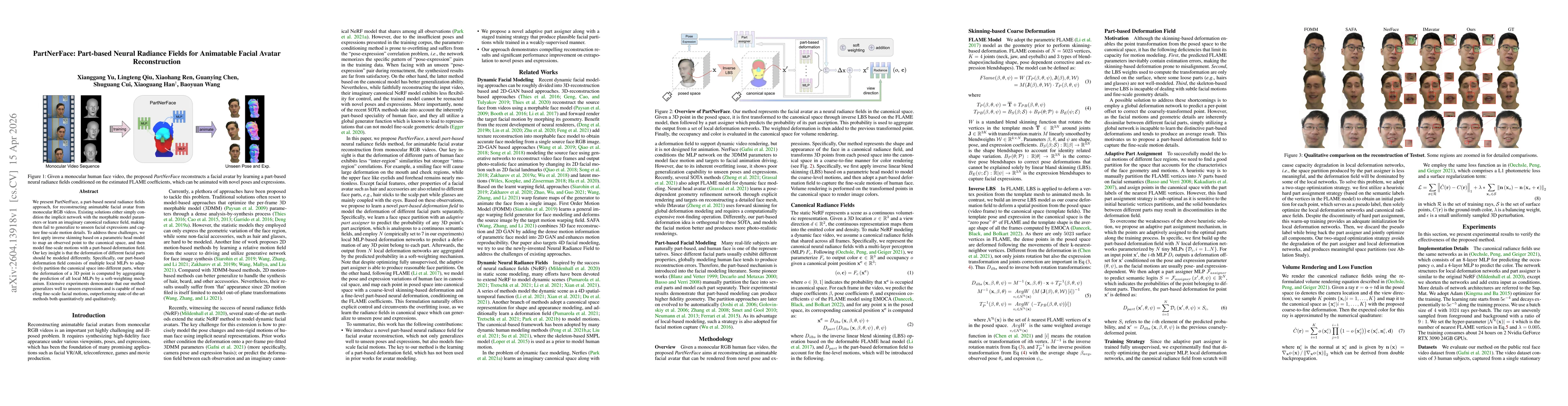 Thumbnail for PartNerFace: Part-based Neural Radiance Fields for Animatable Facial Avatar Reconstruction