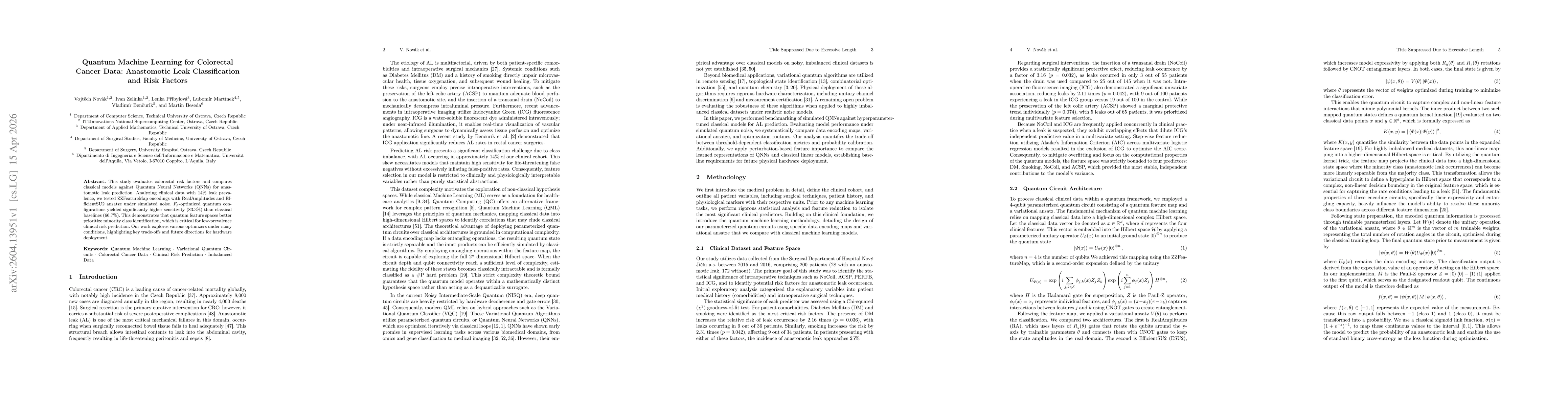 Thumbnail for Quantum Machine Learning for Colorectal Cancer Data: Anastomotic Leak Classification and Risk Factors