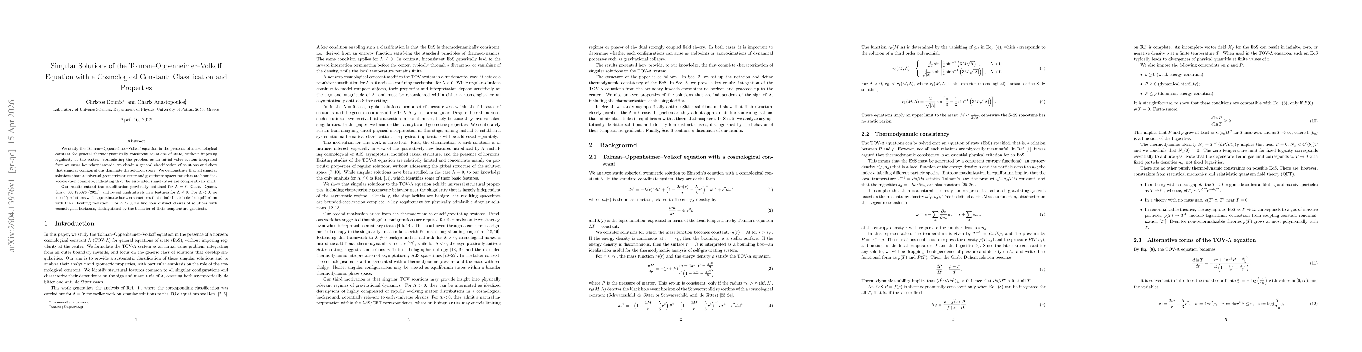 Thumbnail for Singular Solutions of the Tolman Oppenheimer Volkoff Equation with a Cosmological Constant Classification and Properties