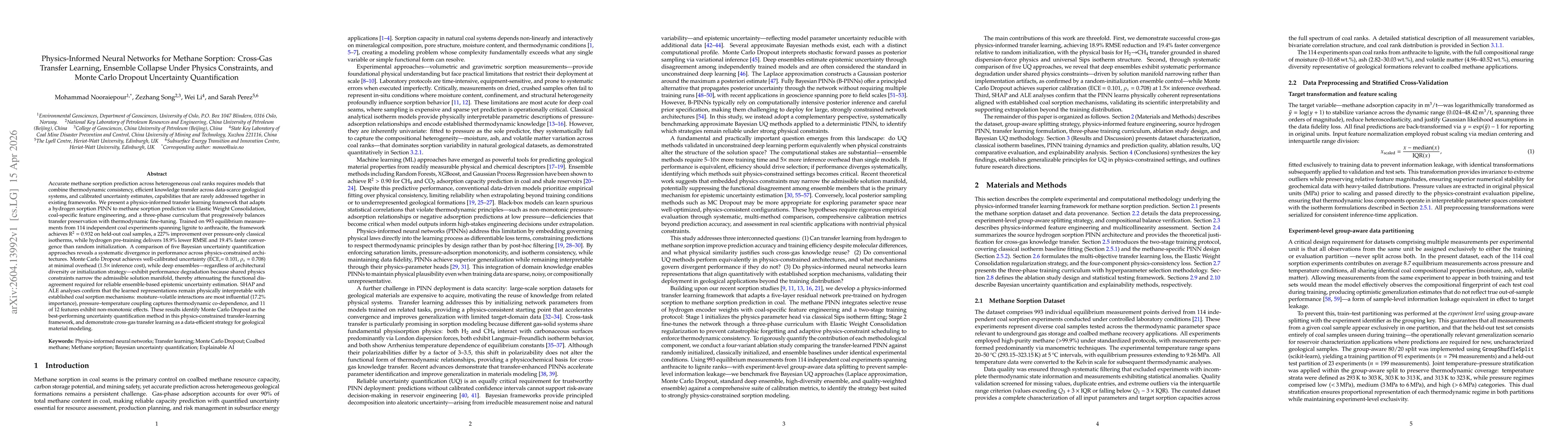 Thumbnail for Physics-Informed Neural Networks for Methane Sorption: Cross-Gas Transfer Learning, Ensemble Collapse Under Physics Constraints, and Monte Carlo Dropout Uncertainty Quantification