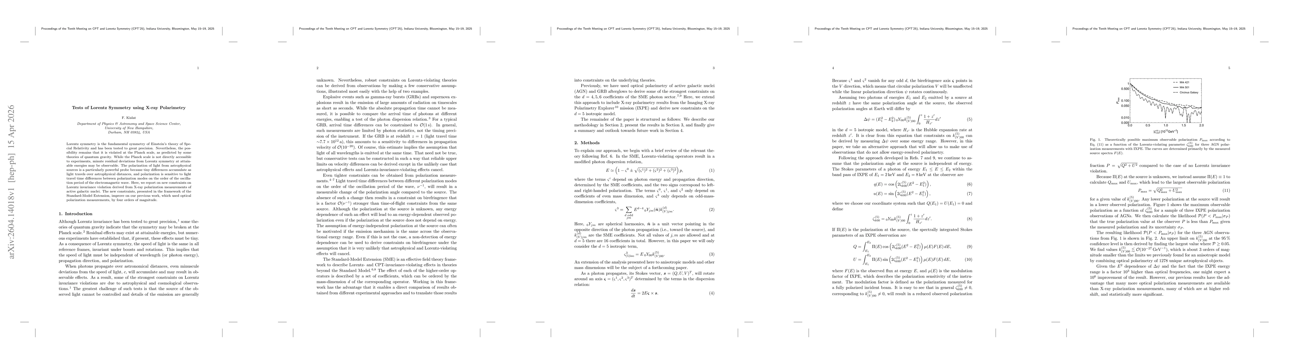 Thumbnail for Tests of Lorentz Symmetry using X-ray Polarimetry
