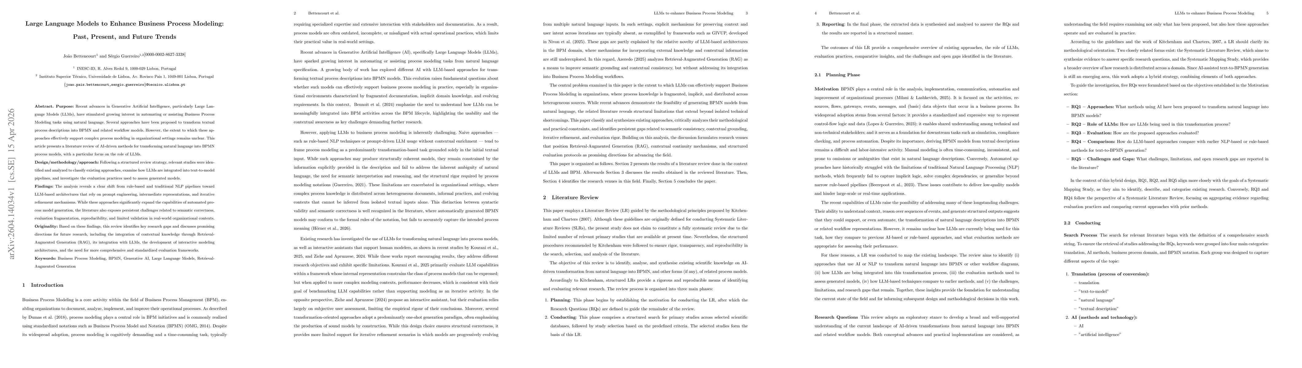 Thumbnail for Large Language Models to Enhance Business Process Modeling: Past, Present, and Future Trends
