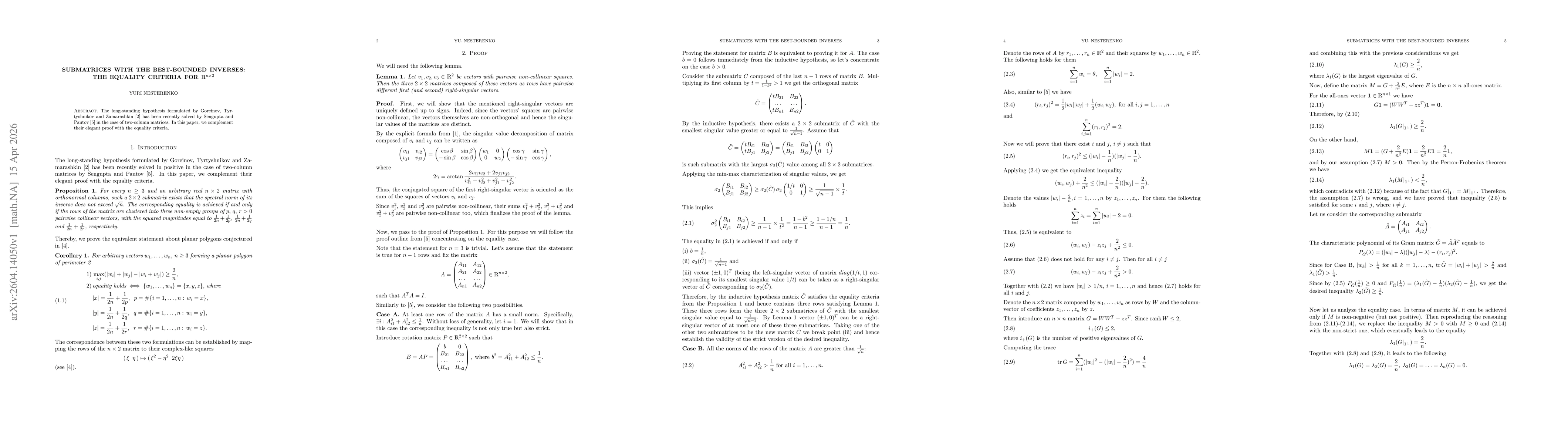 Thumbnail for Submatrices with the best-bounded inverses: the equality criteria for $\mathds{R}^{n \times 2}$