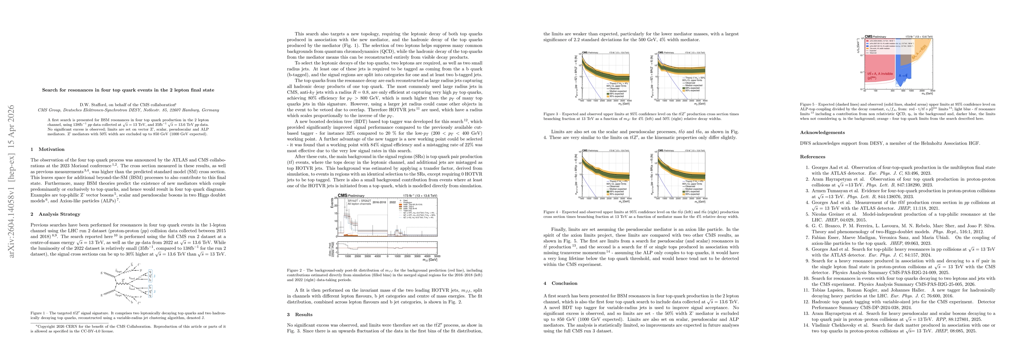 Thumbnail for Search for resonances in four top quark events in the 2 lepton final state