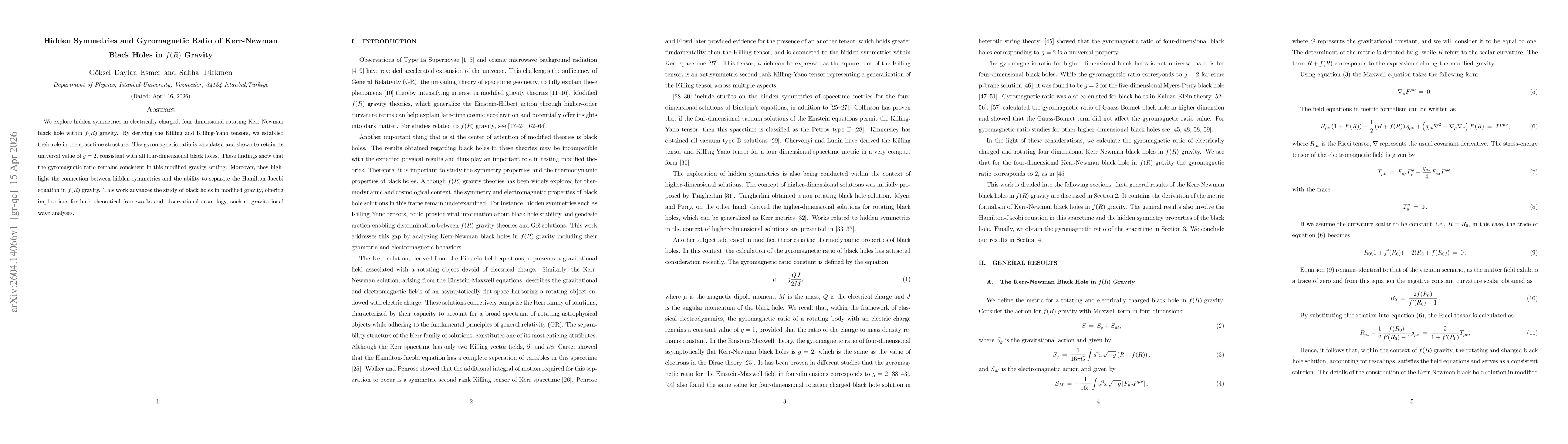 Thumbnail for Hidden Symmetries and Gyromagnetic Ratio of Kerr-Newman Black Holes in $f(R)$ Gravity
