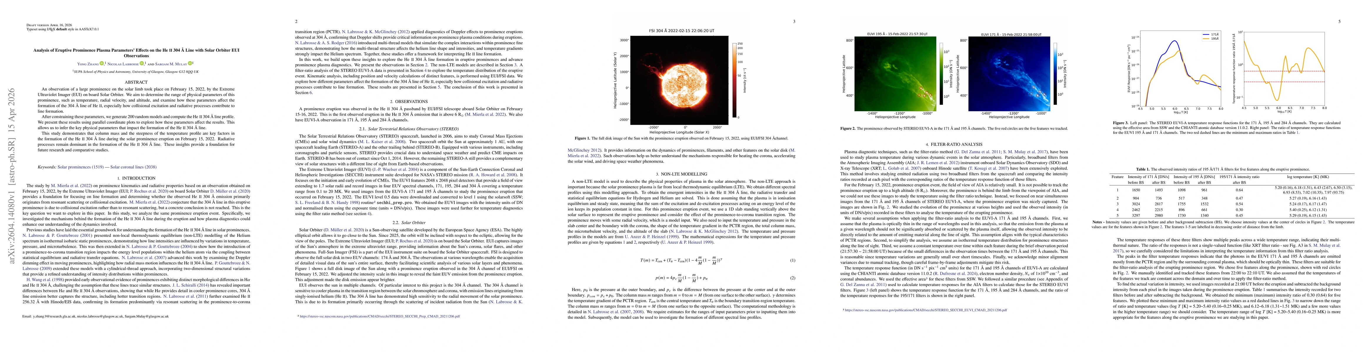 Thumbnail for Analysis of Eruptive Prominence Plasma Parameters' Effects on the \ion{He}{2} 304~Å Line with Solar Orbiter EUI Observations