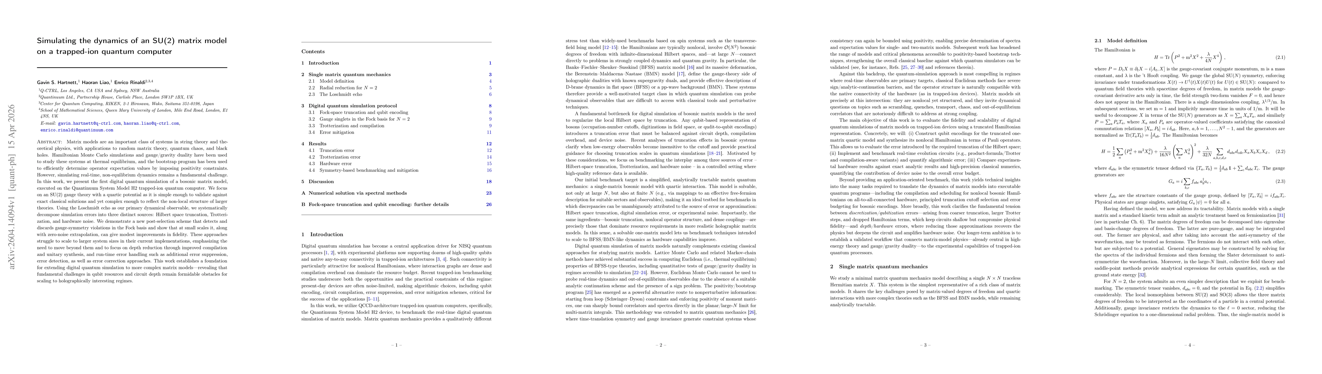 Thumbnail for Simulating the dynamics of an SU(2) matrix model on a trapped-ion quantum computer